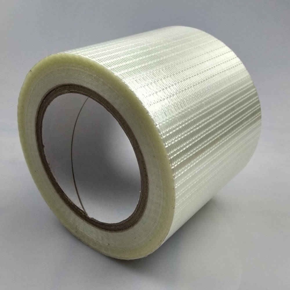 Roll of 100mm Glass Filament Crossweave Strapping Tape tilted up right