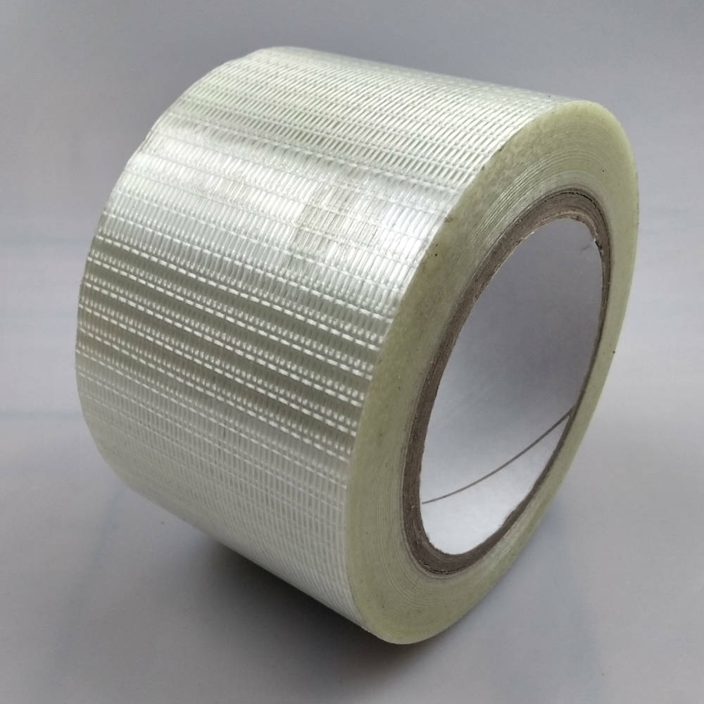 Roll of 75mm Glass Filament Crossweave Strapping Tape tilted up right